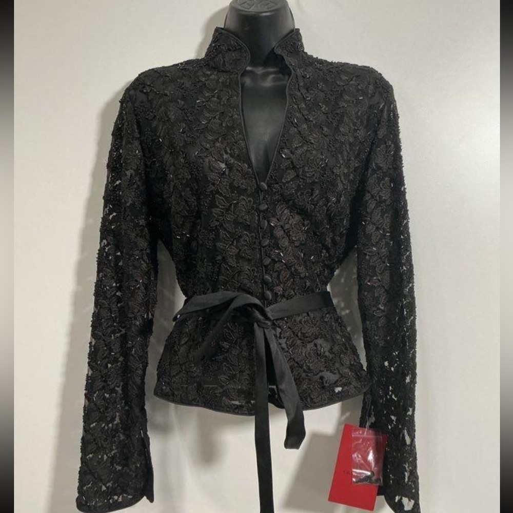 NWT JS Collections Black Beaded n Lace Belted Blazer/Blouse       Size 10